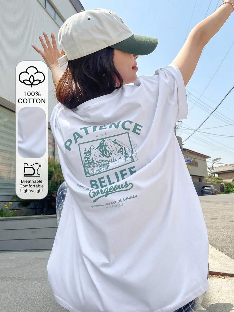 DAZY White,Summer,Casual,Graphic,Vacation Graphic Drop Shoulder Tee PATIENCE BELIEF Gorgeous Oversized T-Shirt,Breathable
