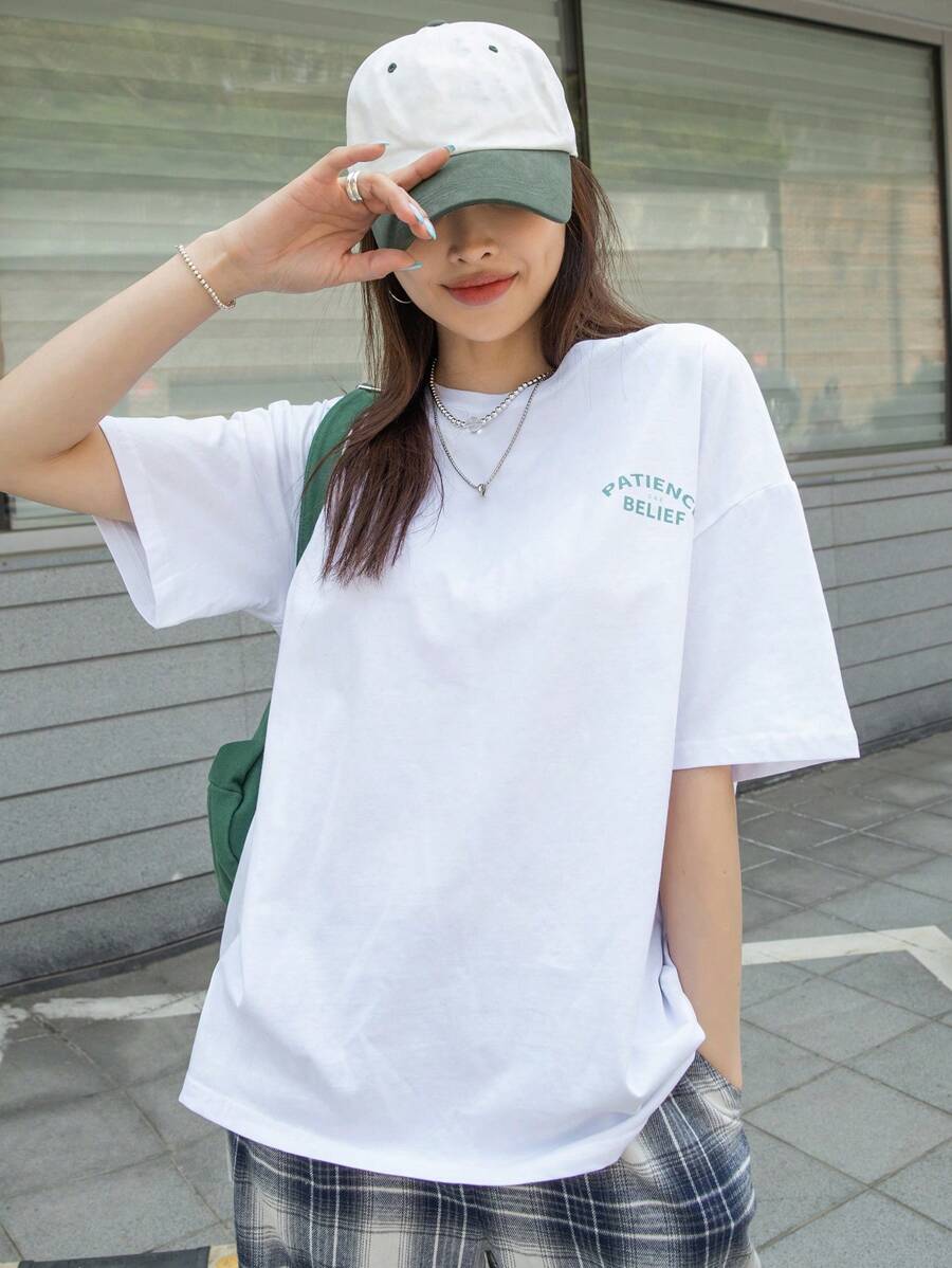 DAZY White,Summer,Casual,Graphic,Vacation Graphic Drop Shoulder Tee PATIENCE BELIEF Gorgeous Oversized T-Shirt,Breathable