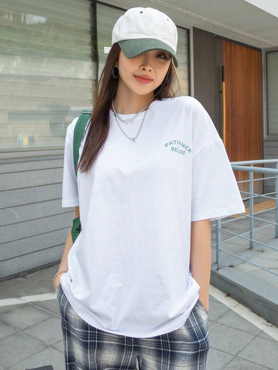 DAZY White,Summer,Casual,Graphic,Vacation Graphic Drop Shoulder Tee PATIENCE BELIEF Gorgeous Oversized T-Shirt,Breathable