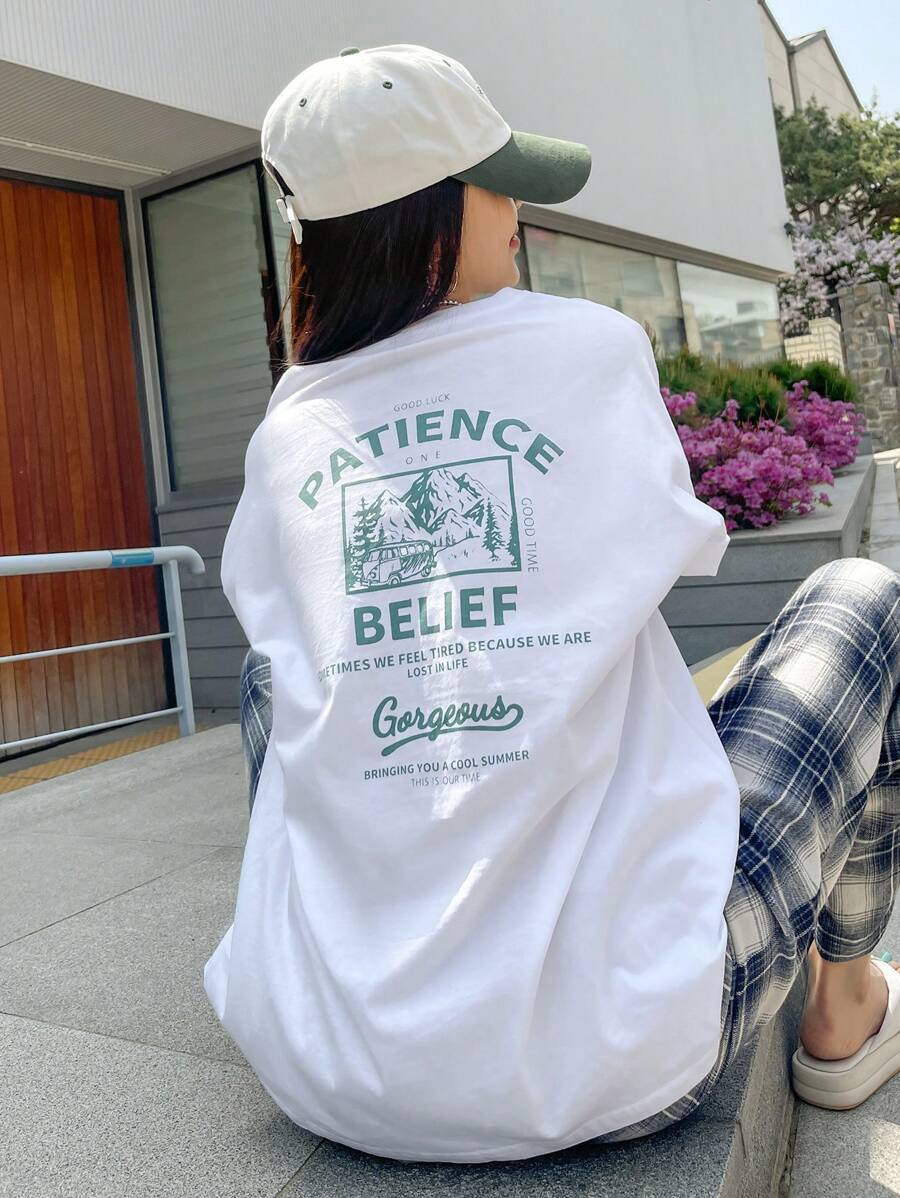 DAZY White,Summer,Casual,Graphic,Vacation Graphic Drop Shoulder Tee PATIENCE BELIEF Gorgeous Oversized T-Shirt,Breathable