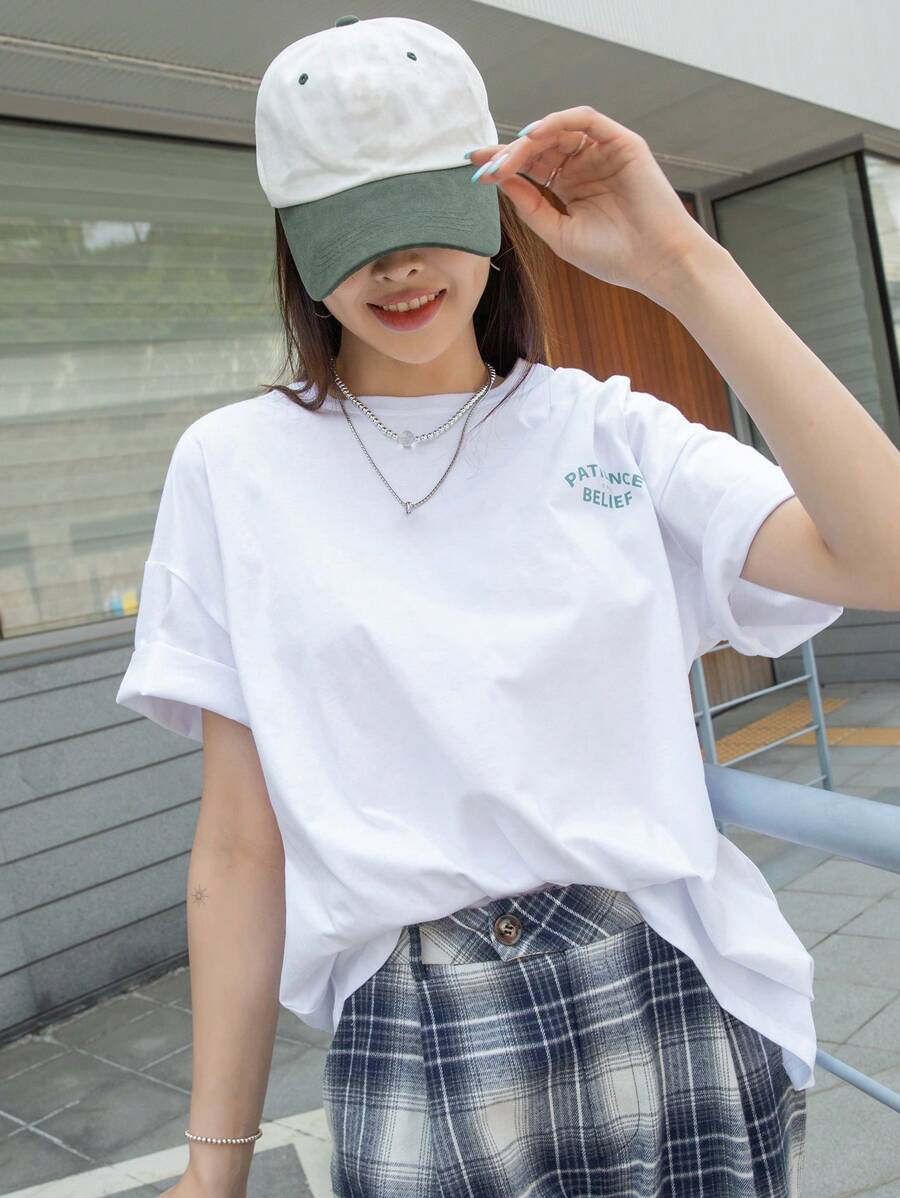 DAZY White,Summer,Casual,Graphic,Vacation Graphic Drop Shoulder Tee PATIENCE BELIEF Gorgeous Oversized T-Shirt,Breathable