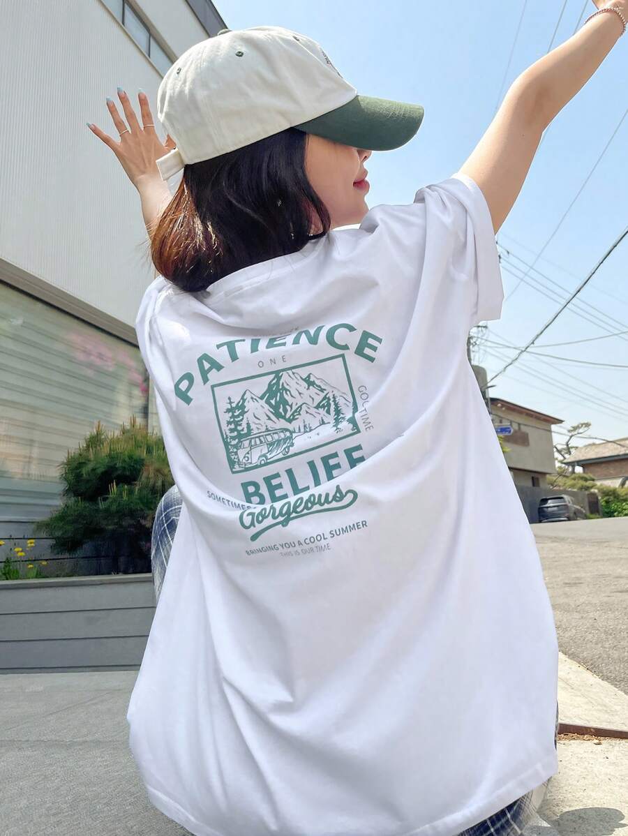 DAZY White,Summer,Casual,Graphic,Vacation Graphic Drop Shoulder Tee PATIENCE BELIEF Gorgeous Oversized T-Shirt,Breathable