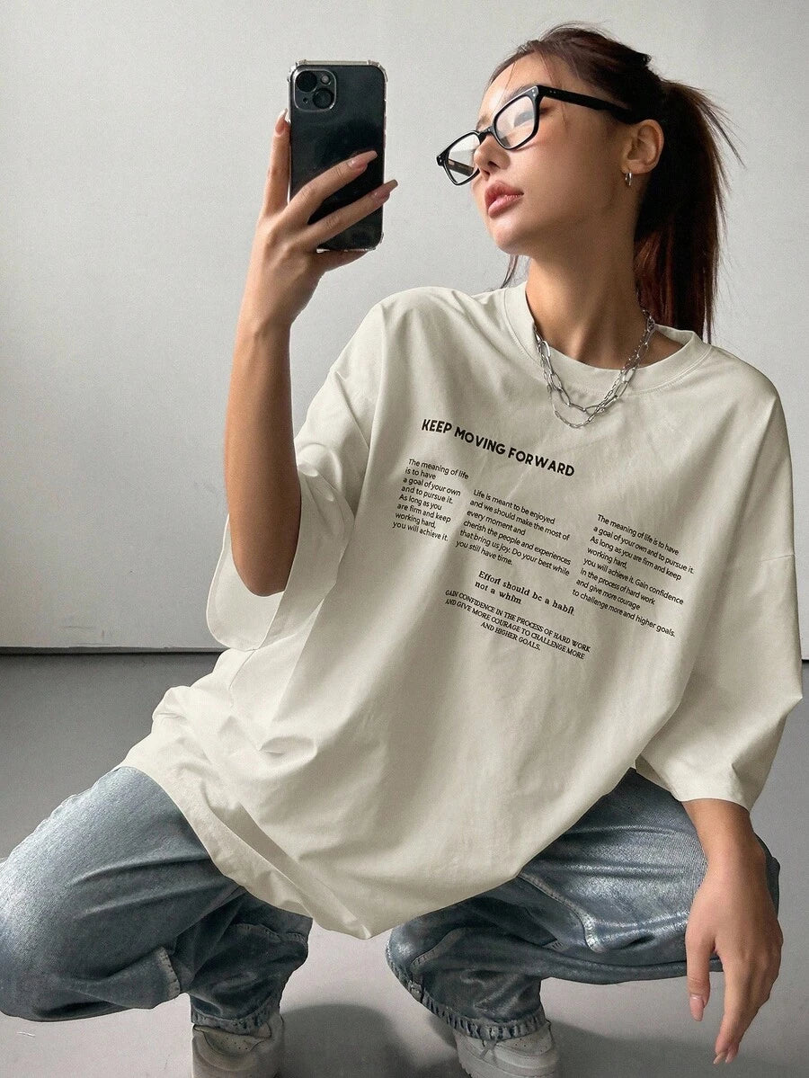 DAZY Women's Summer Loose Fit Round Neck Short Sleeve T-Shirt With Slogan Print KEEP MOVING FORWARD Oversized T-Shirt,Graphic Tees School
