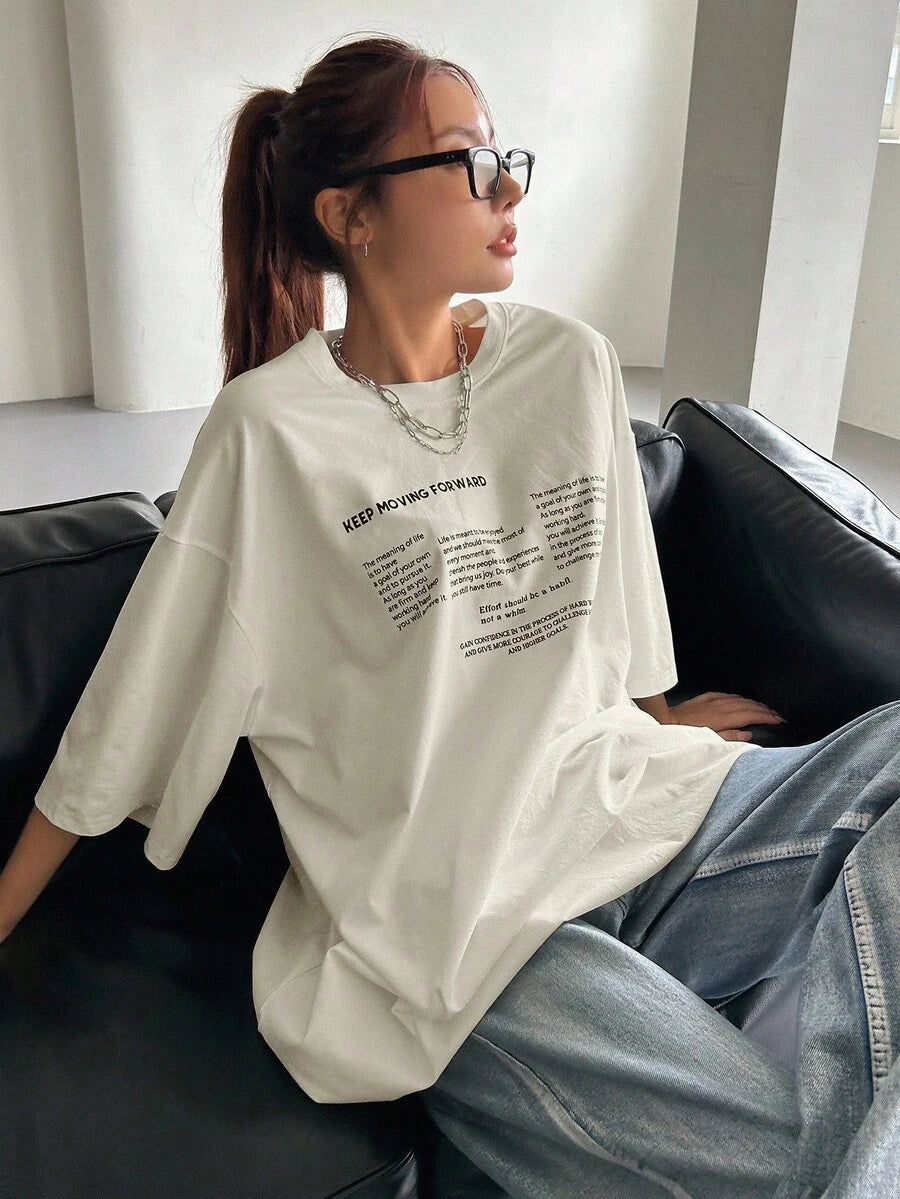 DAZY Women's Summer Loose Fit Round Neck Short Sleeve T-Shirt With Slogan Print KEEP MOVING FORWARD Oversized T-Shirt,Graphic Tees School