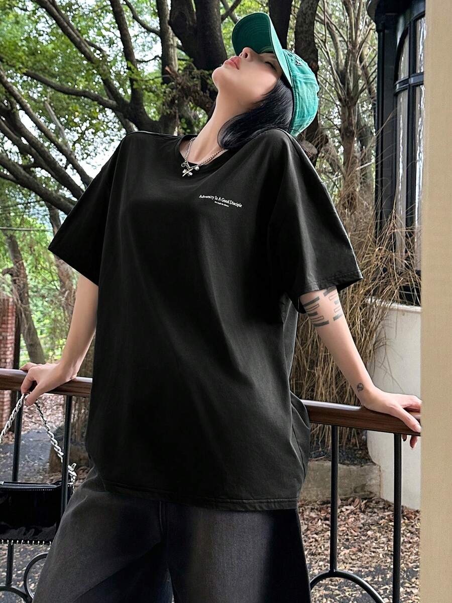 DAZY Women's Slogan Printed Drop Shoulder T-Shirt Adversity Is A Good Disciple No Gall No Glory Oversized T-Shirt School