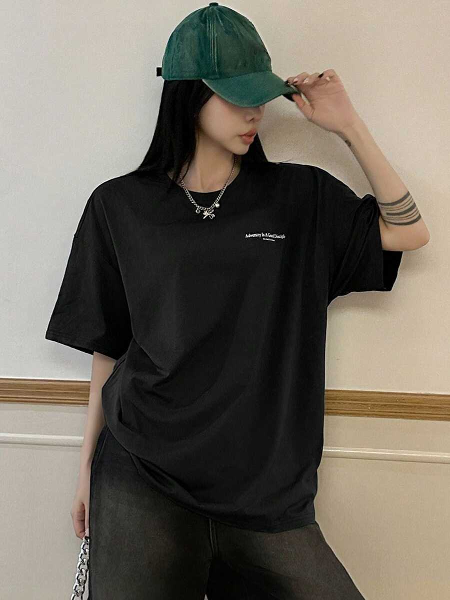DAZY Women's Slogan Printed Drop Shoulder T-Shirt Adversity Is A Good Disciple No Gall No Glory Oversized T-Shirt School
