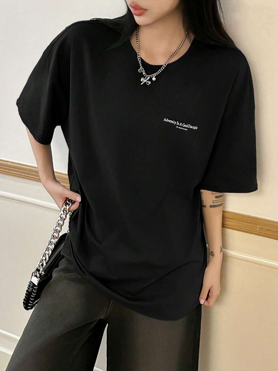 DAZY Women's Slogan Printed Drop Shoulder T-Shirt Adversity Is A Good Disciple No Gall No Glory Oversized T-Shirt School