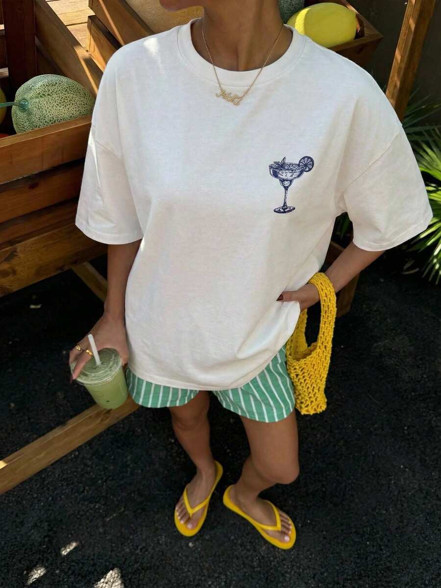 Muchica Women's Navy Blue And White Summer Casual Streetwear Vacation Oversized T-Shirt, Margarita Cocktail Graphic Round Neck Short Sleeve Loose Fit Tee