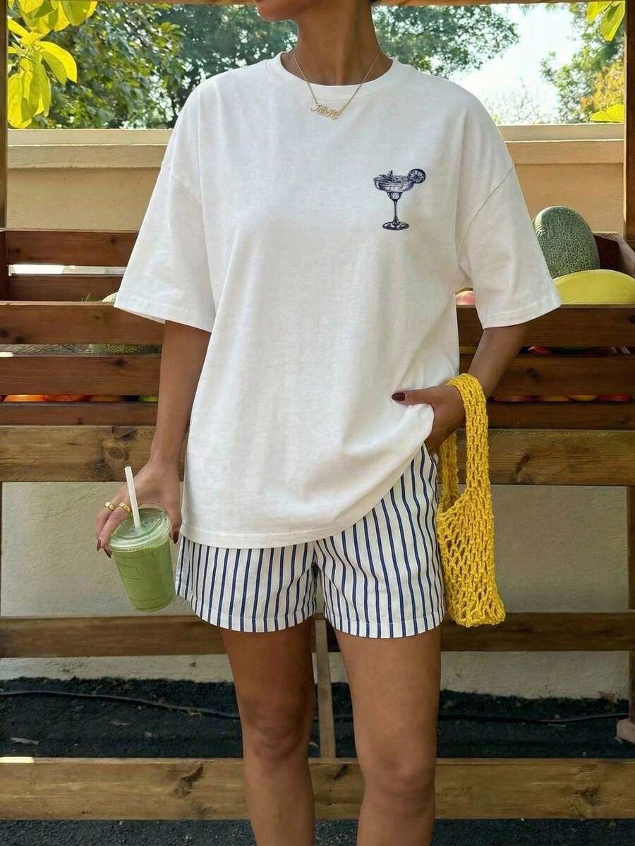 Muchica Women's Navy Blue And White Summer Casual Streetwear Vacation Oversized T-Shirt, Margarita Cocktail Graphic Round Neck Short Sleeve Loose Fit Tee