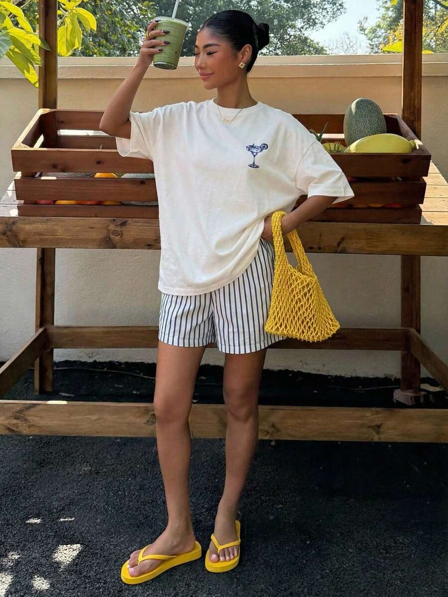 Muchica Women's Navy Blue And White Summer Casual Streetwear Vacation Oversized T-Shirt, Margarita Cocktail Graphic Round Neck Short Sleeve Loose Fit Tee