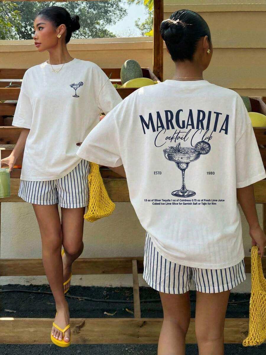 Muchica Women's Navy Blue And White Summer Casual Streetwear Vacation Oversized T-Shirt, Margarita Cocktail Graphic Round Neck Short Sleeve Loose Fit Tee