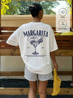 Muchica Women's Navy Blue And White Summer Casual Streetwear Vacation Oversized T-Shirt, Margarita Cocktail Graphic Round Neck Short Sleeve Loose Fit Tee