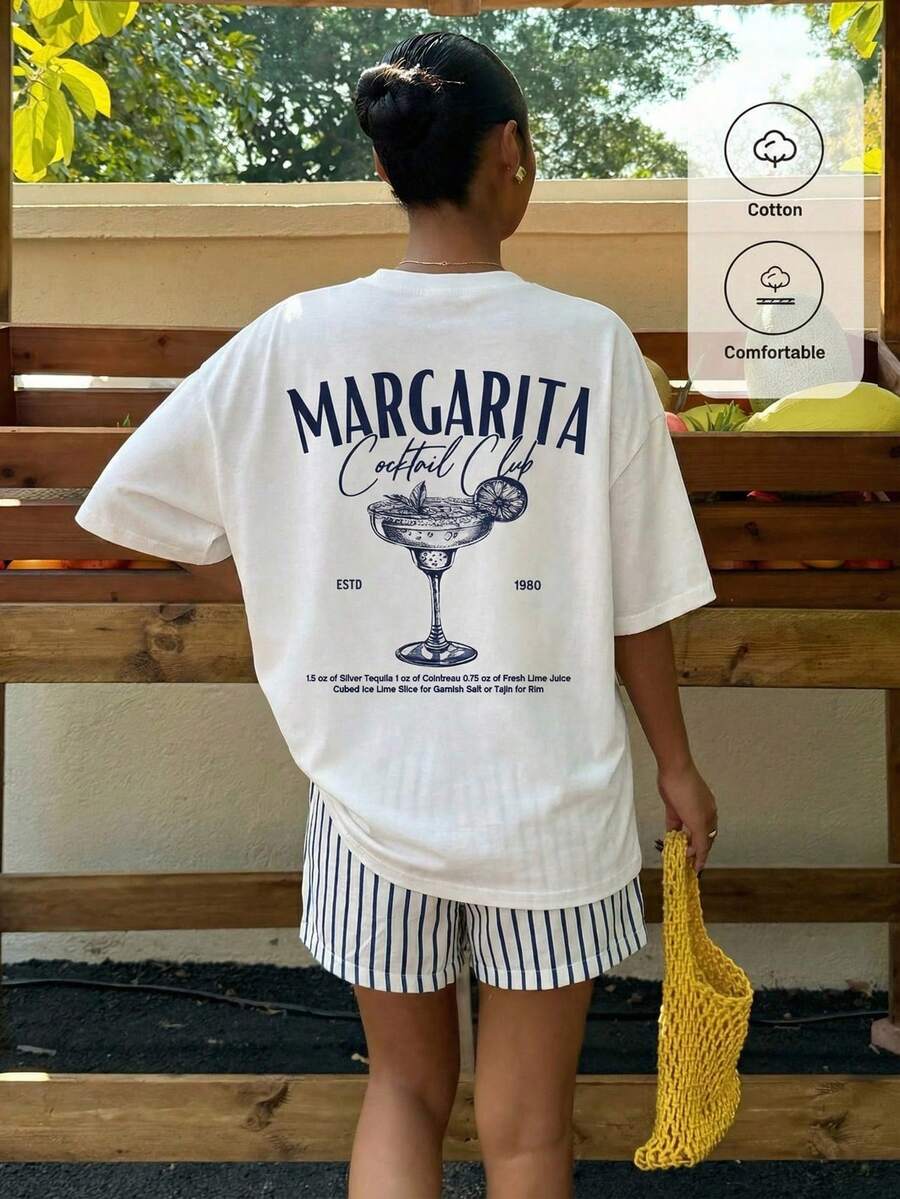 Muchica Women's Navy Blue And White Summer Casual Streetwear Vacation Oversized T-Shirt, Margarita Cocktail Graphic Round Neck Short Sleeve Loose Fit Tee