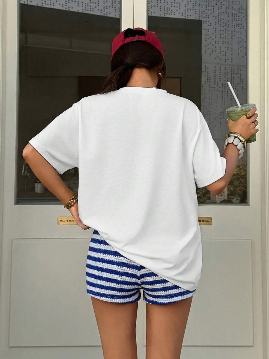 Muchica Women's Navy Blue And White Summer Casual Streetwear Vacation Oversized T-Shirt, Margarita Cocktail Graphic Round Neck Short Sleeve Loose Fit Tee