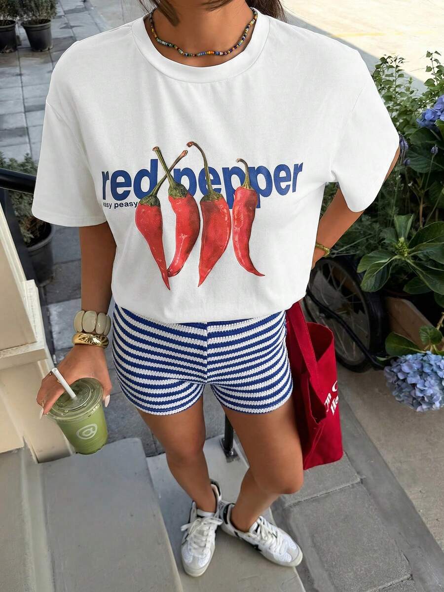 Muchica Women's Navy Blue And White Summer Casual Streetwear Vacation Oversized T-Shirt, Margarita Cocktail Graphic Round Neck Short Sleeve Loose Fit Tee