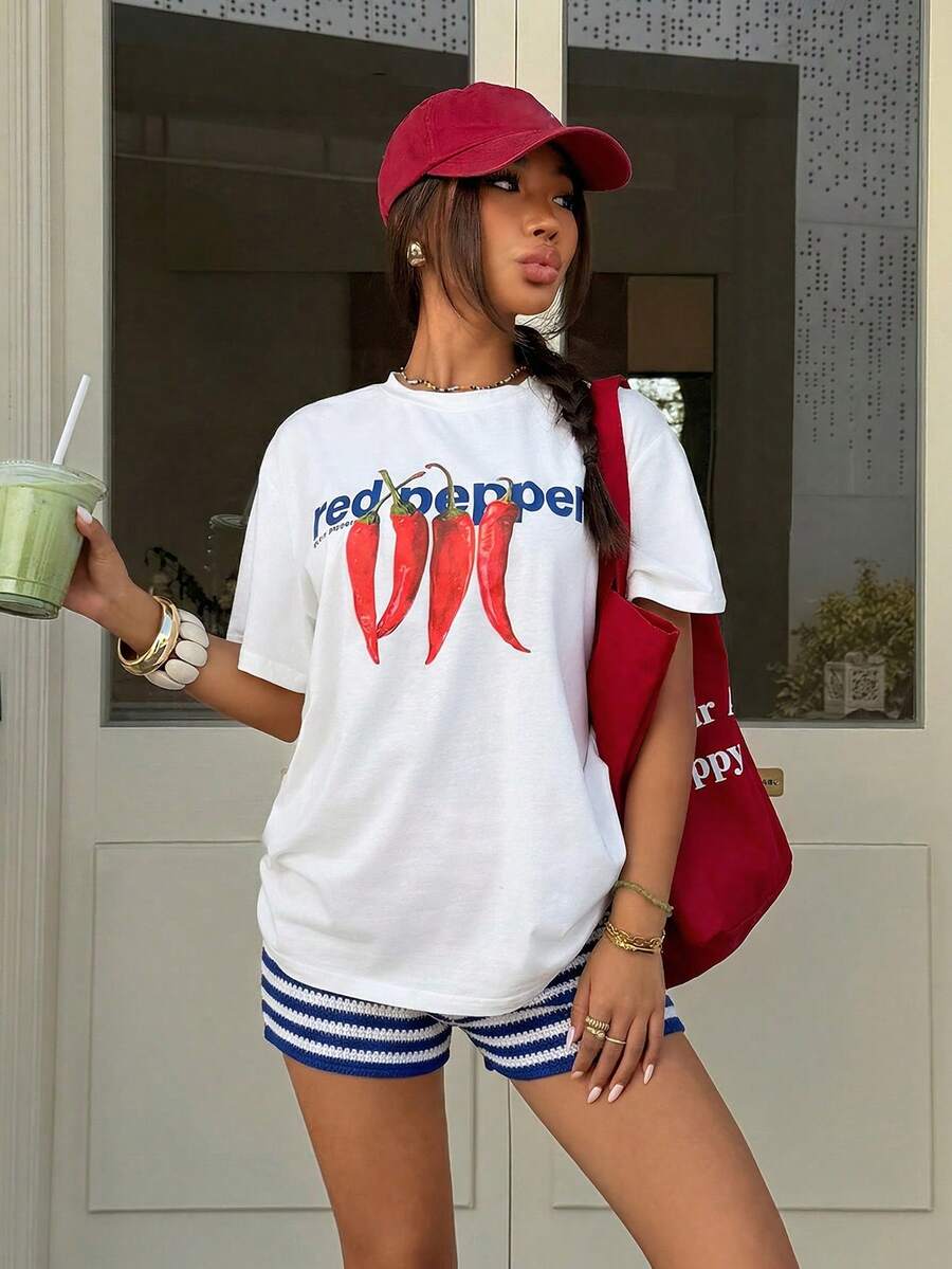 Muchica Women's Navy Blue And White Summer Casual Streetwear Vacation Oversized T-Shirt, Margarita Cocktail Graphic Round Neck Short Sleeve Loose Fit Tee