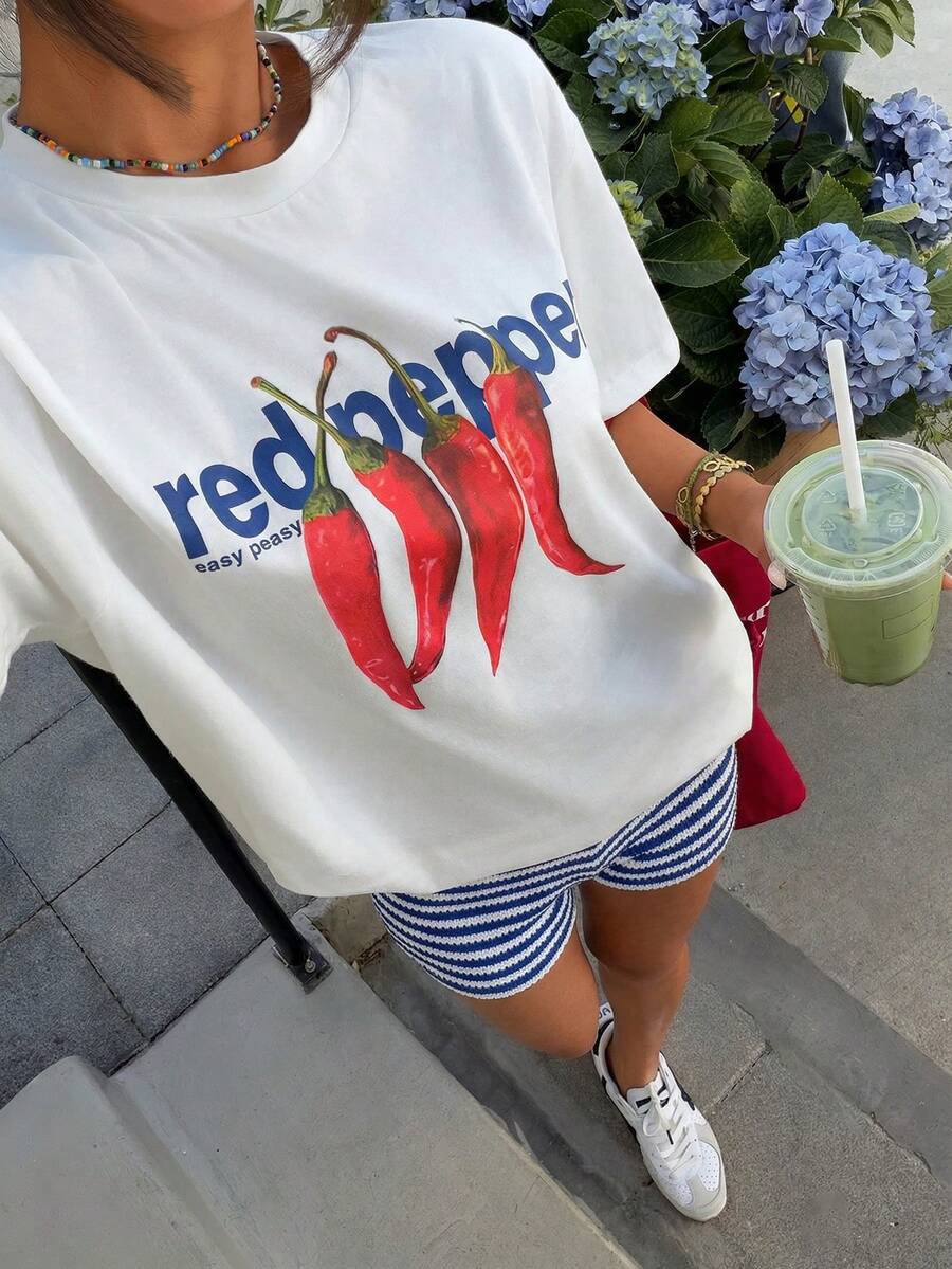 Muchica Women's Navy Blue And White Summer Casual Streetwear Vacation Oversized T-Shirt, Margarita Cocktail Graphic Round Neck Short Sleeve Loose Fit Tee