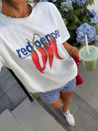 Muchica Women's Navy Blue And White Summer Casual Streetwear Vacation Oversized T-Shirt, Margarita Cocktail Graphic Round Neck Short Sleeve Loose Fit Tee