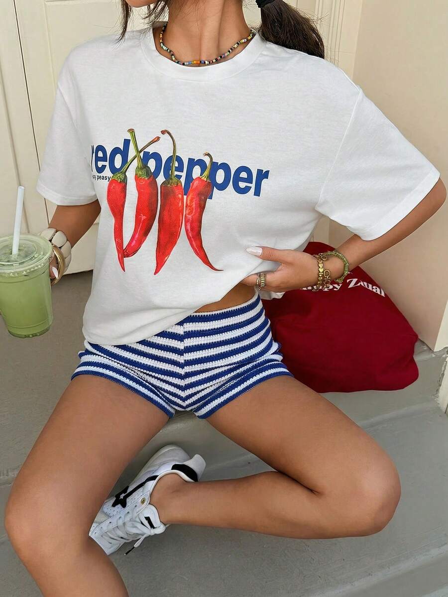 Muchica Women's Navy Blue And White Summer Casual Streetwear Vacation Oversized T-Shirt, Margarita Cocktail Graphic Round Neck Short Sleeve Loose Fit Tee