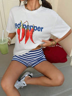 Muchica Women's Navy Blue And White Summer Casual Streetwear Vacation Oversized T-Shirt, Margarita Cocktail Graphic Round Neck Short Sleeve Loose Fit Tee