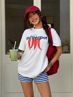 Muchica Women's Navy Blue And White Summer Casual Streetwear Vacation Oversized T-Shirt, Margarita Cocktail Graphic Round Neck Short Sleeve Loose Fit Tee