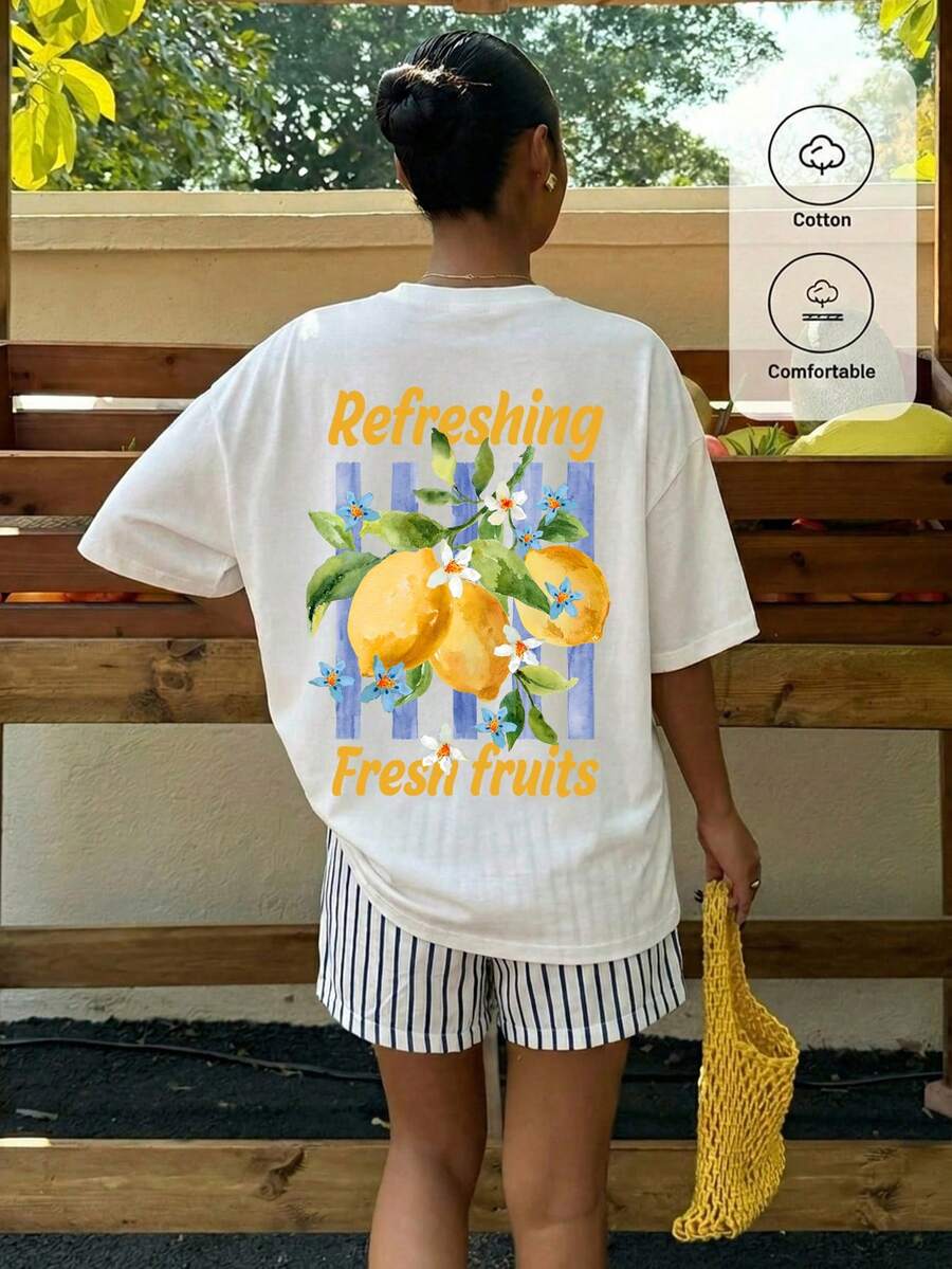 Muchica Women's Navy Blue And White Summer Casual Streetwear Vacation Oversized T-Shirt, Margarita Cocktail Graphic Round Neck Short Sleeve Loose Fit Tee