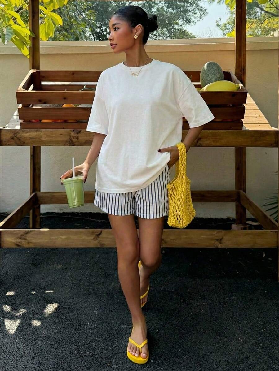 Muchica Women's Navy Blue And White Summer Casual Streetwear Vacation Oversized T-Shirt, Margarita Cocktail Graphic Round Neck Short Sleeve Loose Fit Tee