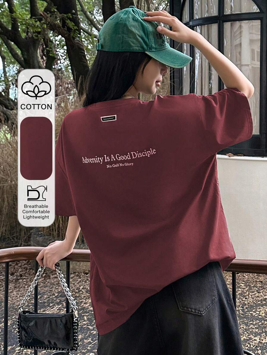 DAZY Women's Slogan Printed Drop Shoulder T-Shirt Adversity Is A Good Disciple No Gall No Glory Oversized T-Shirt School