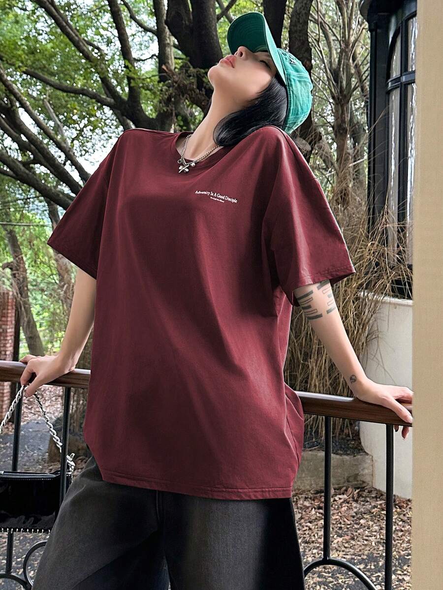 DAZY Women's Slogan Printed Drop Shoulder T-Shirt Adversity Is A Good Disciple No Gall No Glory Oversized T-Shirt School