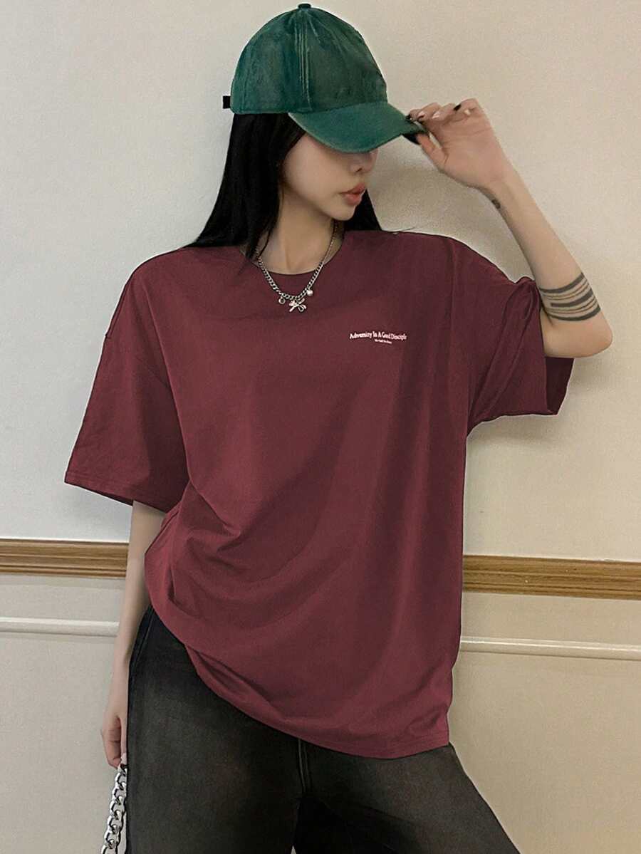 DAZY Women's Slogan Printed Drop Shoulder T-Shirt Adversity Is A Good Disciple No Gall No Glory Oversized T-Shirt School