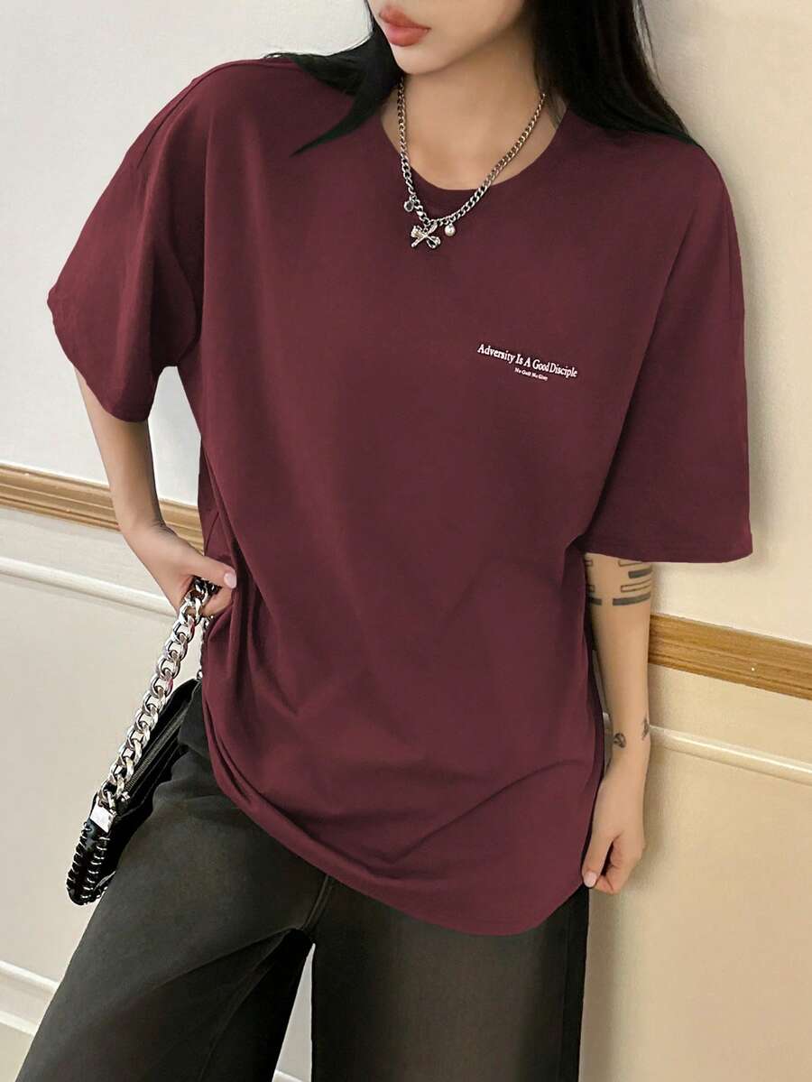 DAZY Women's Slogan Printed Drop Shoulder T-Shirt Adversity Is A Good Disciple No Gall No Glory Oversized T-Shirt School