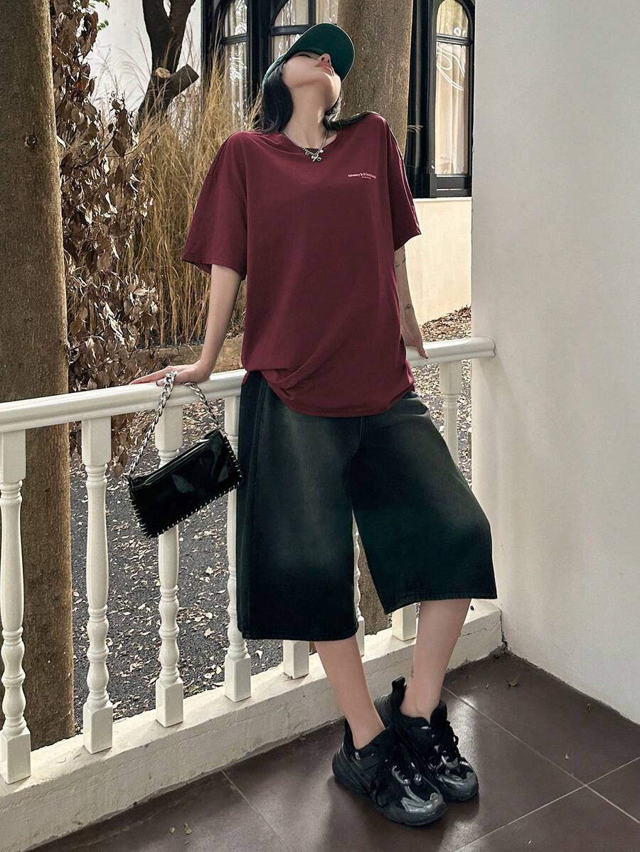 DAZY Women's Slogan Printed Drop Shoulder T-Shirt Adversity Is A Good Disciple No Gall No Glory Oversized T-Shirt School