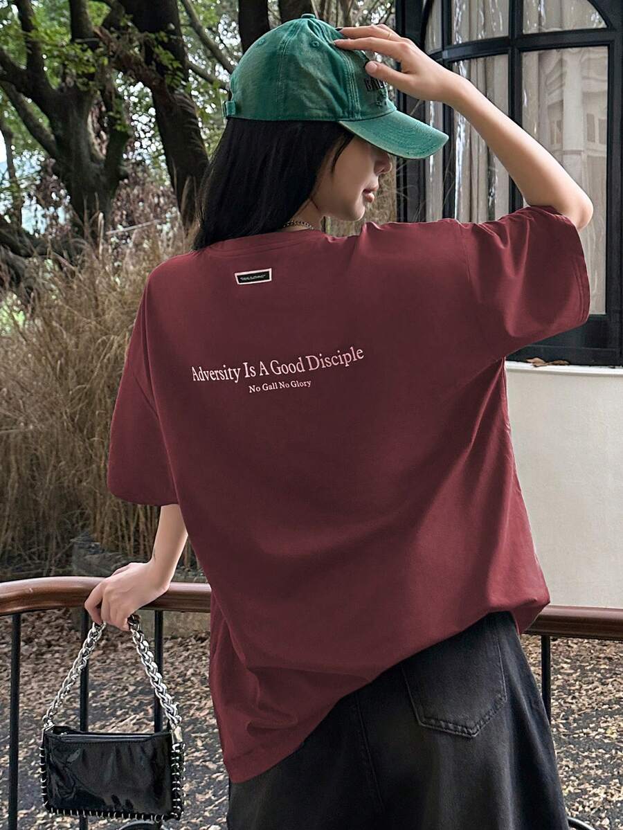 DAZY Women's Slogan Printed Drop Shoulder T-Shirt Adversity Is A Good Disciple No Gall No Glory Oversized T-Shirt School