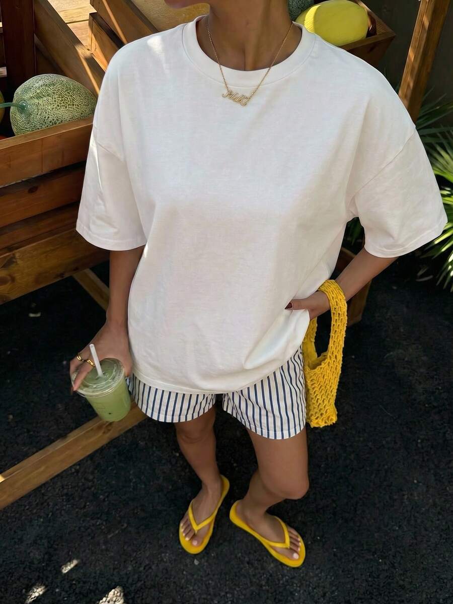 Muchica Women's Navy Blue And White Summer Casual Streetwear Vacation Oversized T-Shirt, Margarita Cocktail Graphic Round Neck Short Sleeve Loose Fit Tee