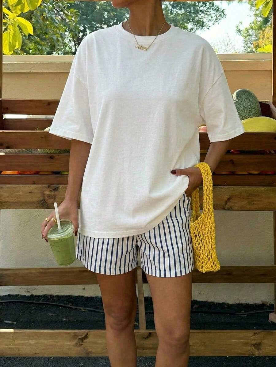 Muchica Women's Navy Blue And White Summer Casual Streetwear Vacation Oversized T-Shirt, Margarita Cocktail Graphic Round Neck Short Sleeve Loose Fit Tee