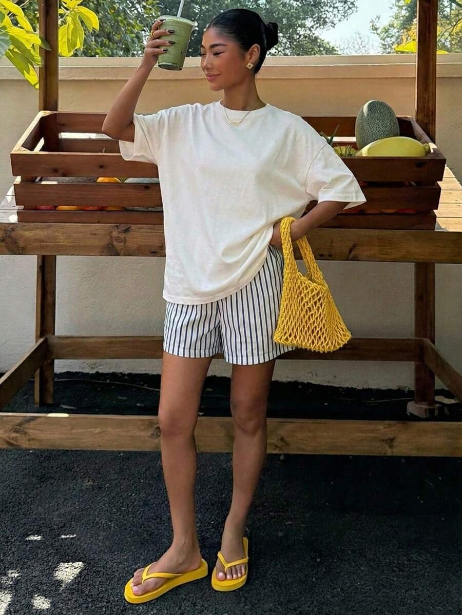 Muchica Women's Navy Blue And White Summer Casual Streetwear Vacation Oversized T-Shirt, Margarita Cocktail Graphic Round Neck Short Sleeve Loose Fit Tee