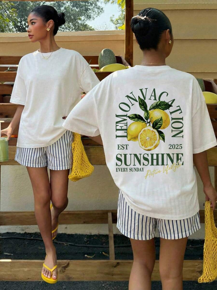 Muchica Women's Navy Blue And White Summer Casual Streetwear Vacation Oversized T-Shirt, Margarita Cocktail Graphic Round Neck Short Sleeve Loose Fit Tee