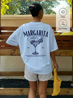 Muchica Women's Navy Blue And White Summer Casual Streetwear Vacation Oversized T-Shirt, Margarita Cocktail Graphic Round Neck Short Sleeve Loose Fit Tee