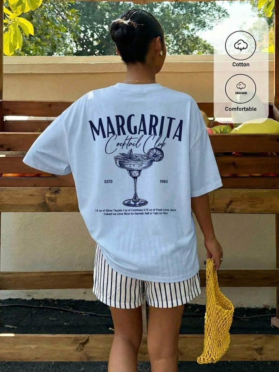 Muchica Women's Navy Blue And White Summer Casual Streetwear Vacation Oversized T-Shirt, Margarita Cocktail Graphic Round Neck Short Sleeve Loose Fit Tee