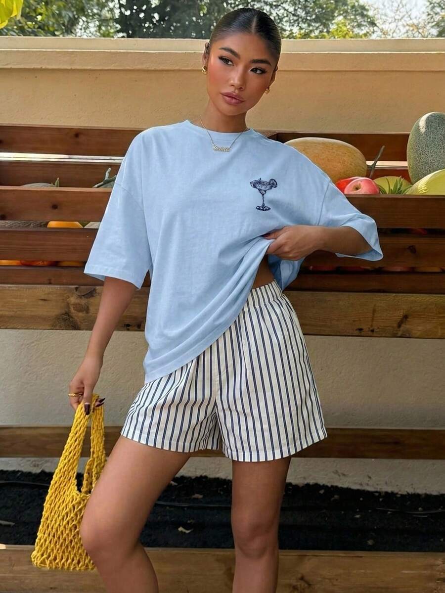 Muchica Women's Navy Blue And White Summer Casual Streetwear Vacation Oversized T-Shirt, Margarita Cocktail Graphic Round Neck Short Sleeve Loose Fit Tee
