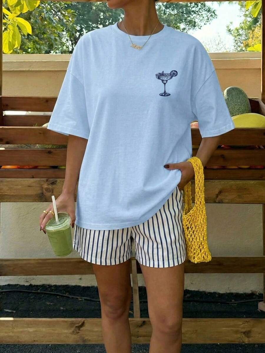 Muchica Women's Navy Blue And White Summer Casual Streetwear Vacation Oversized T-Shirt, Margarita Cocktail Graphic Round Neck Short Sleeve Loose Fit Tee
