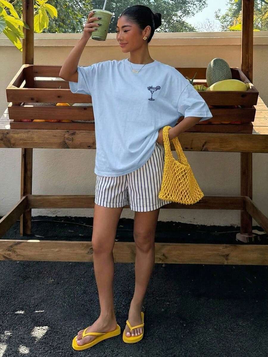 Muchica Women's Navy Blue And White Summer Casual Streetwear Vacation Oversized T-Shirt, Margarita Cocktail Graphic Round Neck Short Sleeve Loose Fit Tee