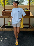 Muchica Women's Navy Blue And White Summer Casual Streetwear Vacation Oversized T-Shirt, Margarita Cocktail Graphic Round Neck Short Sleeve Loose Fit Tee
