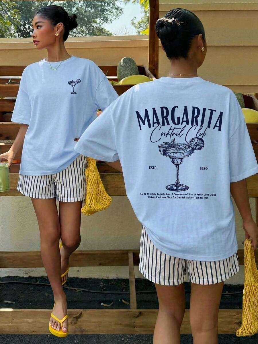 Muchica Women's Navy Blue And White Summer Casual Streetwear Vacation Oversized T-Shirt, Margarita Cocktail Graphic Round Neck Short Sleeve Loose Fit Tee