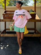 Muchica Women's Navy Blue And White Summer Casual Streetwear Vacation Oversized T-Shirt, Margarita Cocktail Graphic Round Neck Short Sleeve Loose Fit Tee