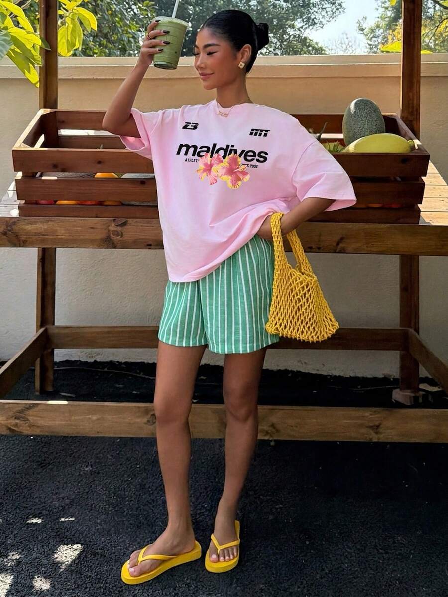 Muchica Women's Navy Blue And White Summer Casual Streetwear Vacation Oversized T-Shirt, Margarita Cocktail Graphic Round Neck Short Sleeve Loose Fit Tee