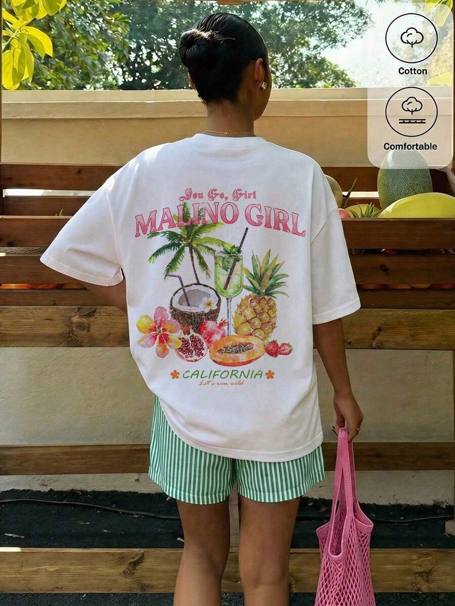 Muchica Women's Navy Blue And White Summer Casual Streetwear Vacation Oversized T-Shirt, Margarita Cocktail Graphic Round Neck Short Sleeve Loose Fit Tee