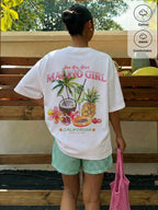 Muchica Women's Navy Blue And White Summer Casual Streetwear Vacation Oversized T-Shirt, Margarita Cocktail Graphic Round Neck Short Sleeve Loose Fit Tee