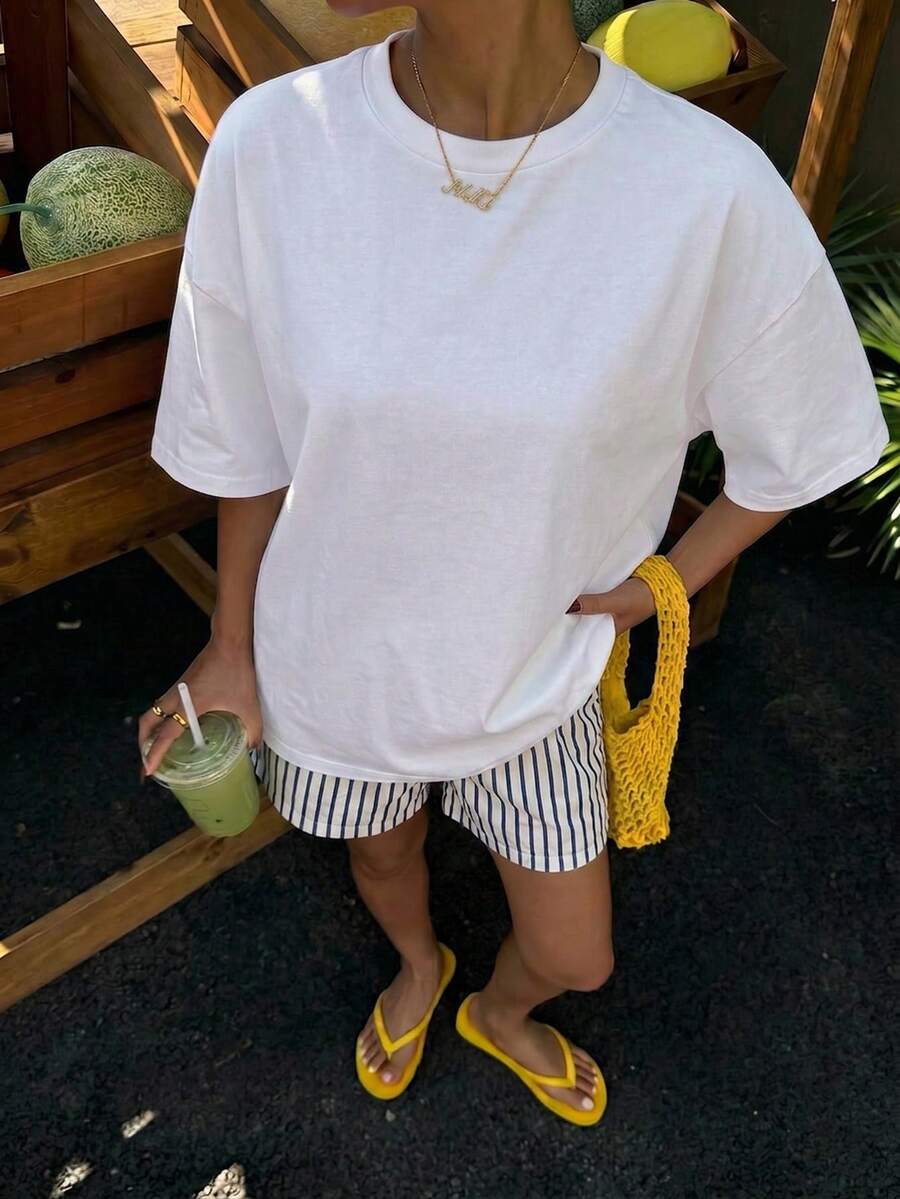 Muchica Women's Navy Blue And White Summer Casual Streetwear Vacation Oversized T-Shirt, Margarita Cocktail Graphic Round Neck Short Sleeve Loose Fit Tee