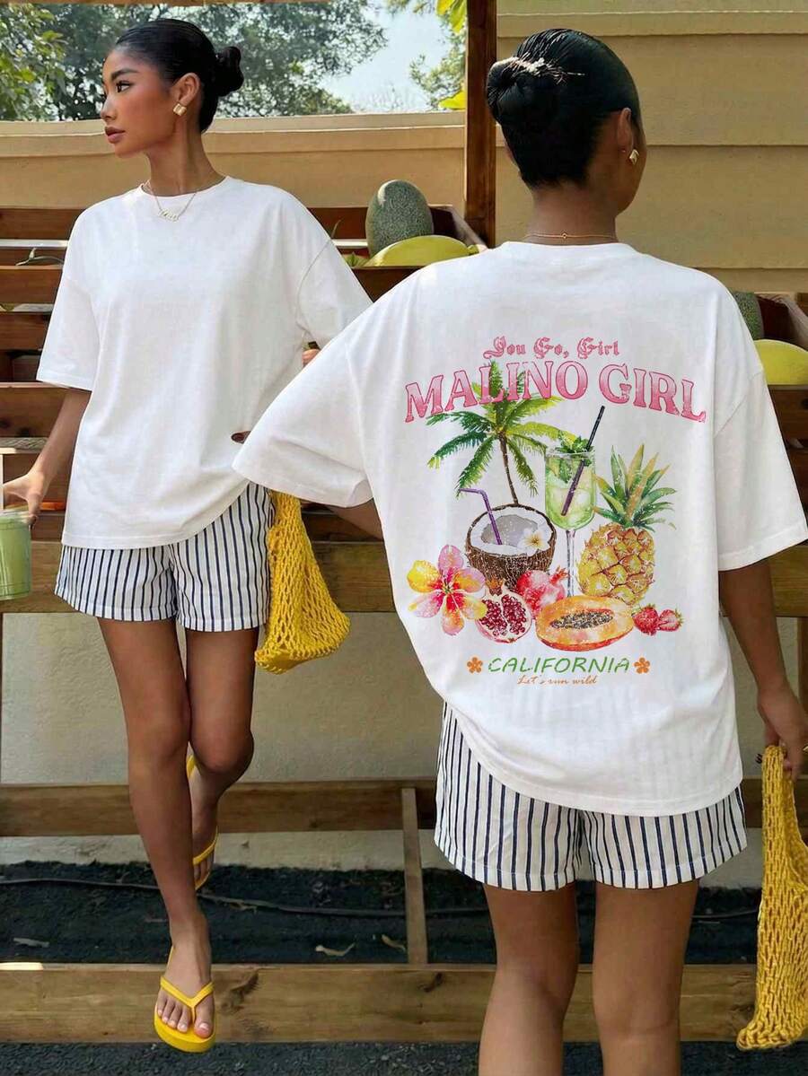 Muchica Women's Navy Blue And White Summer Casual Streetwear Vacation Oversized T-Shirt, Margarita Cocktail Graphic Round Neck Short Sleeve Loose Fit Tee
